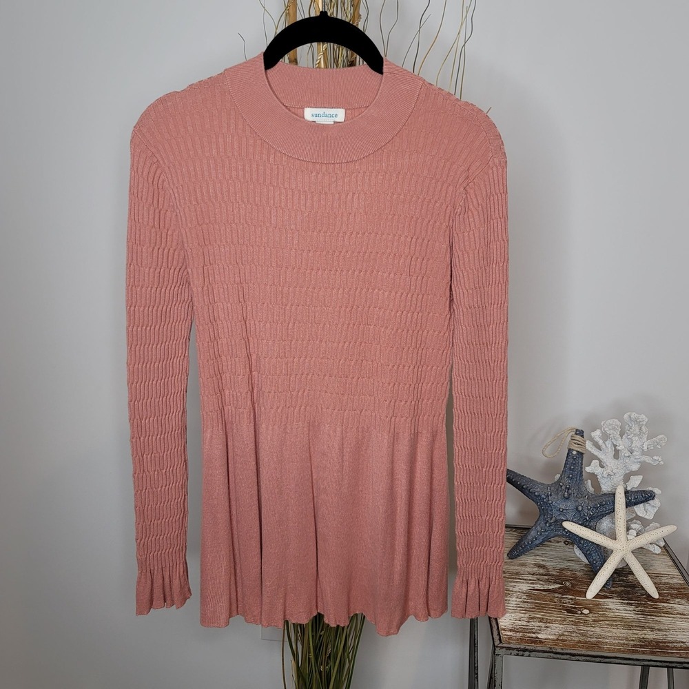Sundance Sweater Women XS Ribbed Knit Ruffle Cuff Peplum Hem Dusty Rose‎